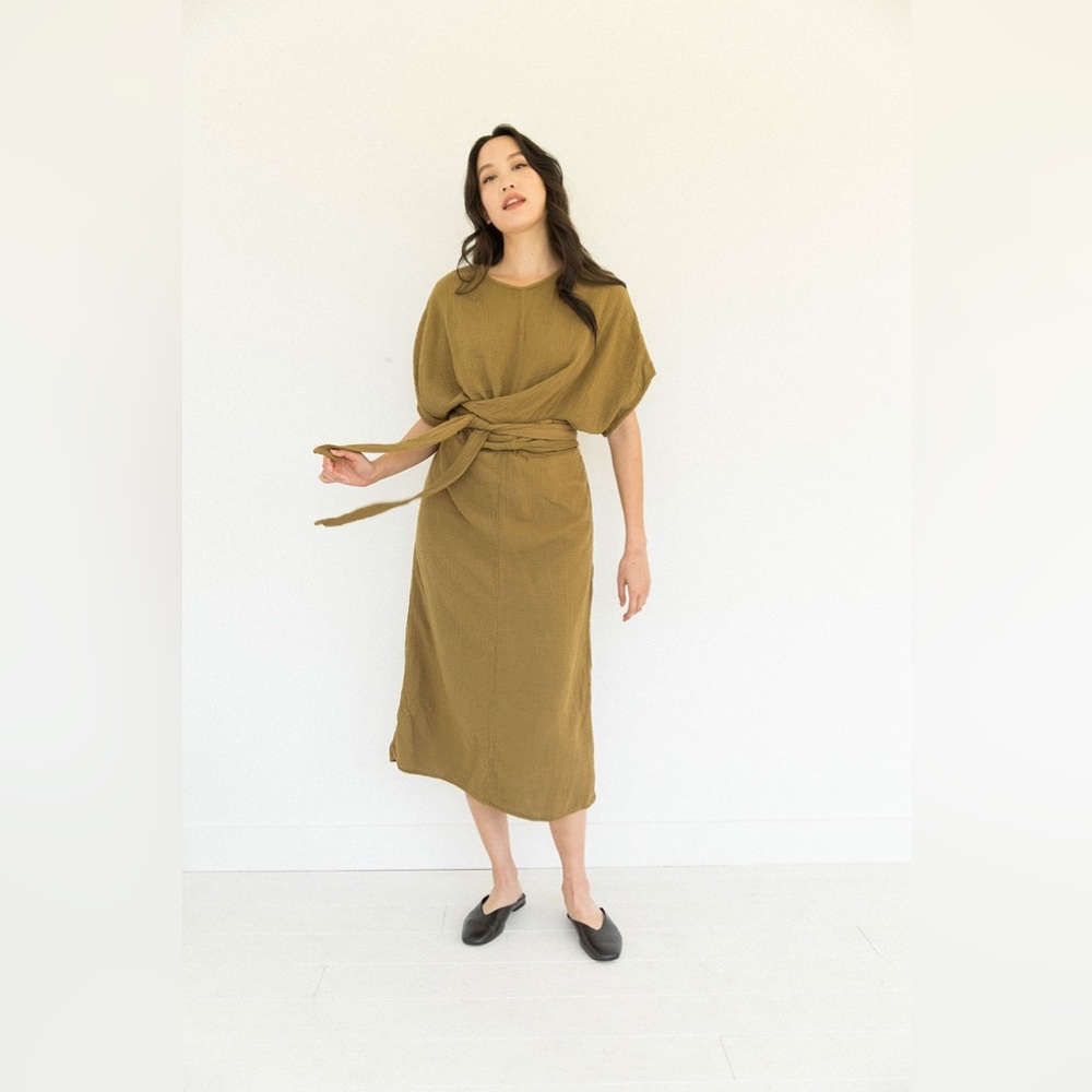 Suunday brand dolman dress in Tapenade. Garment dyed gauze. 100% cotton.